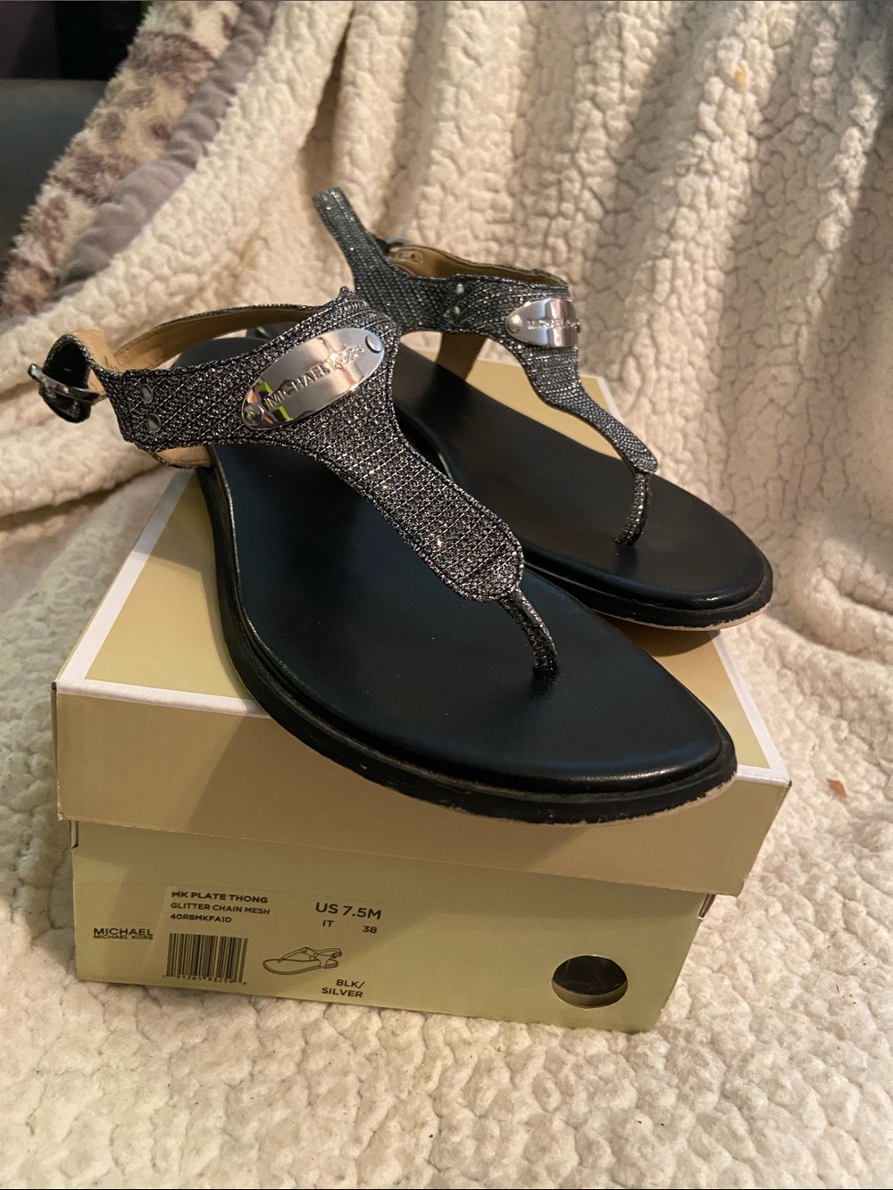 Michael Kors Black and Silver T-strap Thong Sandals